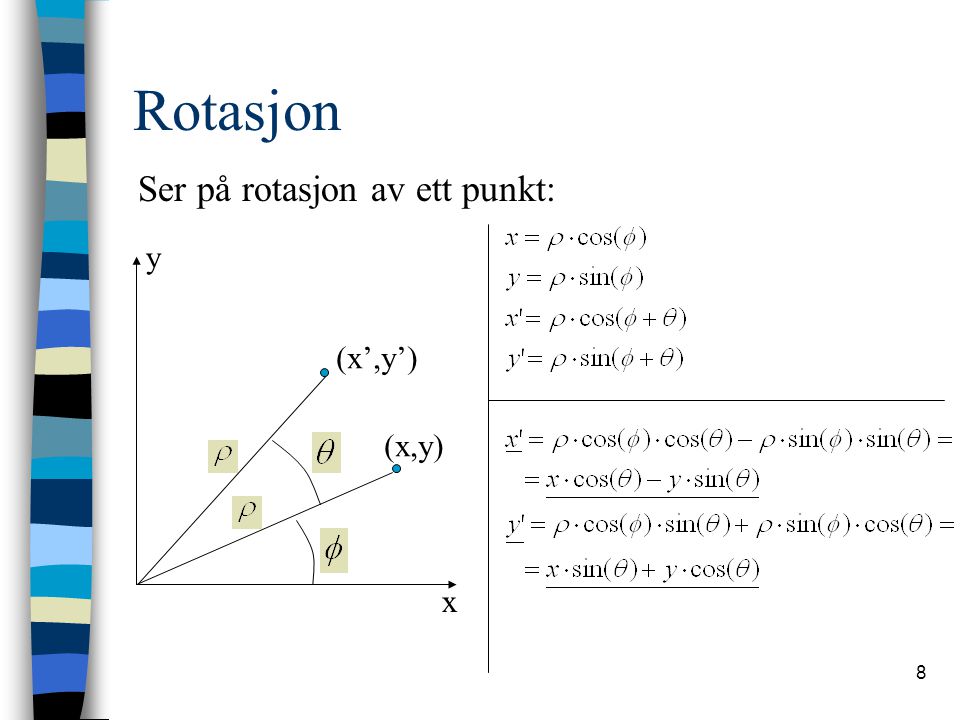 Rotasjon Ser på rotasjon av ett punkt: y (x’,y’) (x,y) x