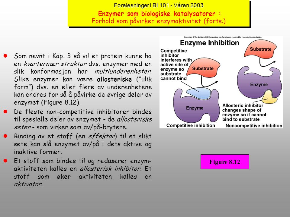 Forelesninger i BI Våren 2003 Enzymer som biologiske katalysatorer : Forhold som påvirker enzymaktivitet (forts.)