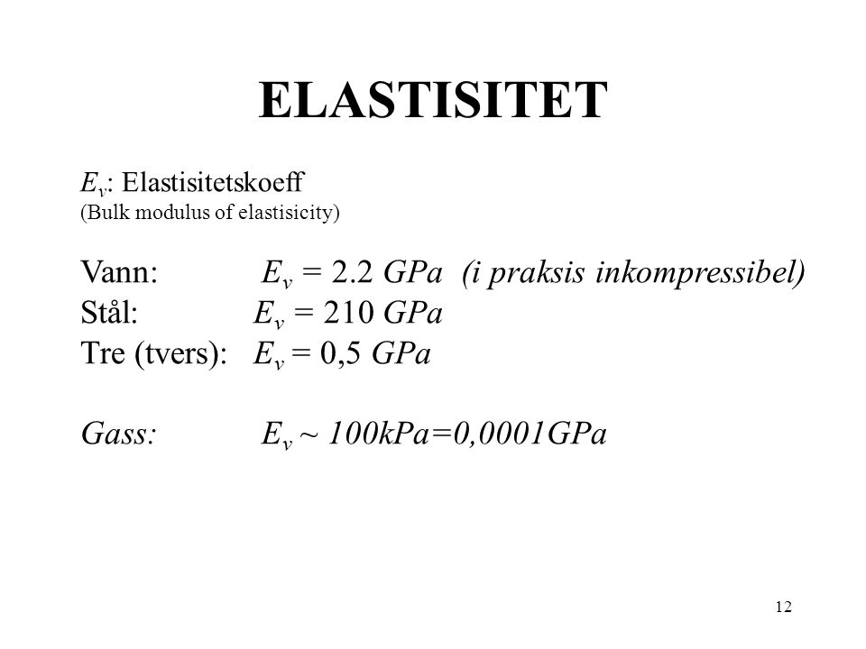 ELASTISITET Vann: Ev = 2.2 GPa (i praksis inkompressibel)