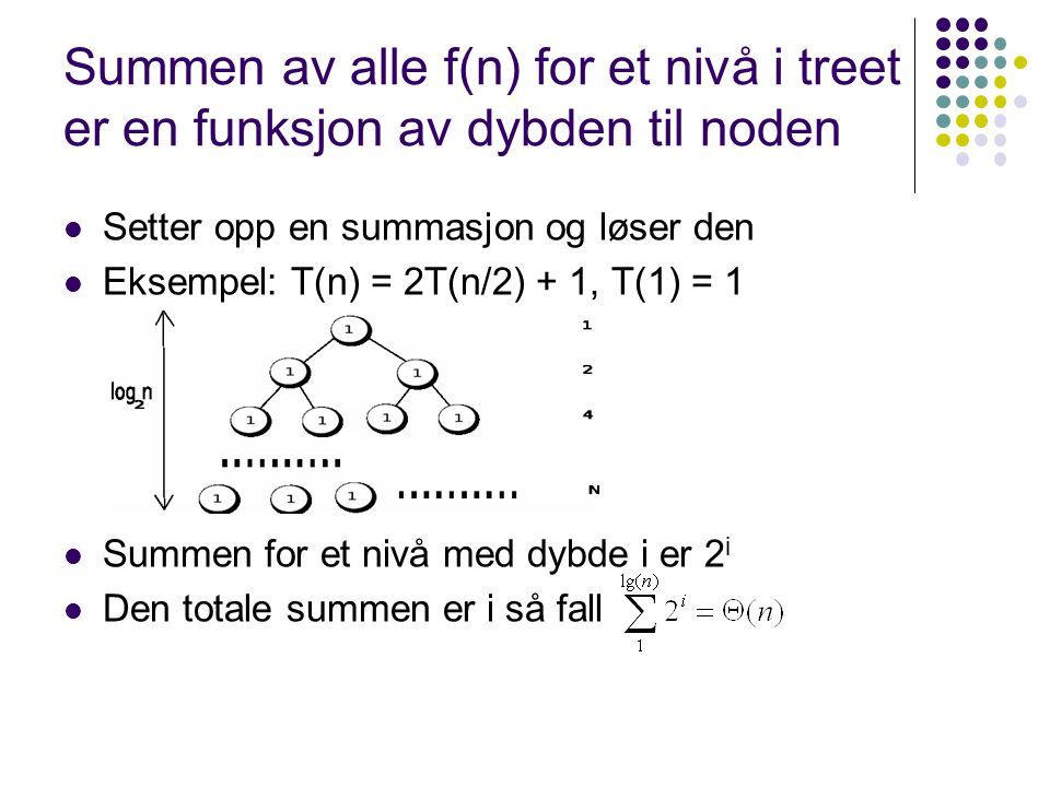 Summen av alle f(n) for et nivå i treet er en funksjon av dybden til noden