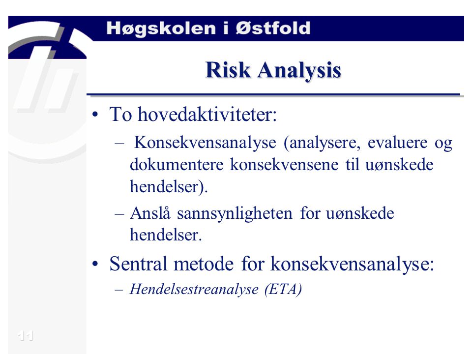 Risk Analysis To hovedaktiviteter: