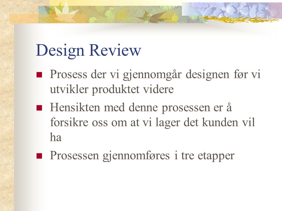 Design Review Prosess der vi gjennomgår designen før vi utvikler produktet videre.