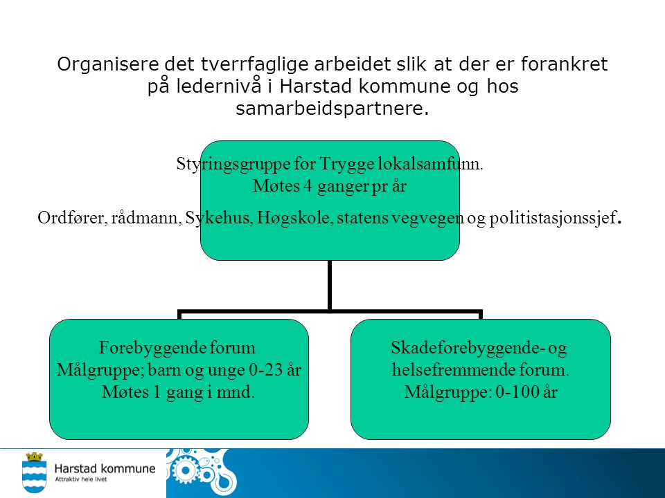 Organisere det tverrfaglige arbeidet slik at der er forankret på ledernivå i Harstad kommune og hos samarbeidspartnere.