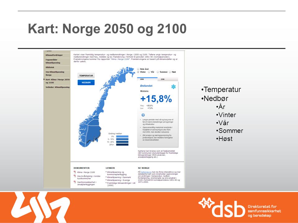 Kart: Norge 2050 og 2100 Temperatur Nedbør År Vinter Vår Sommer Høst