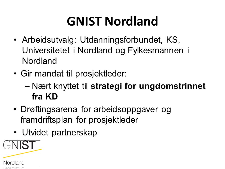 GNIST Nordland Arbeidsutvalg: Utdanningsforbundet, KS, Universitetet i Nordland og Fylkesmannen i Nordland.