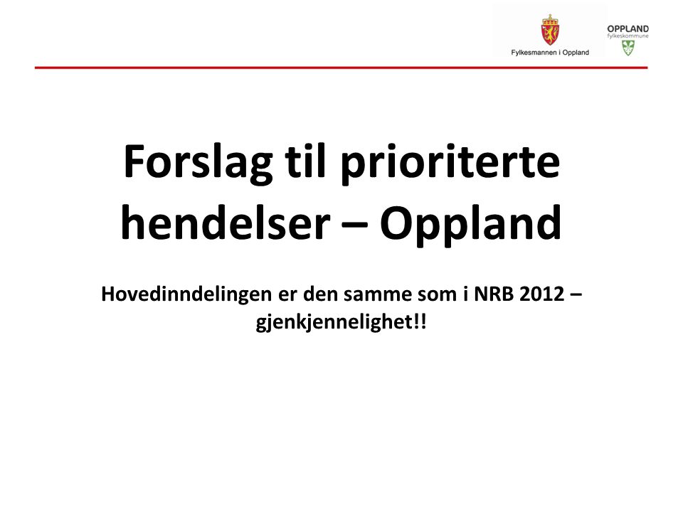 Forslag til prioriterte hendelser – Oppland Hovedinndelingen er den samme som i NRB 2012 – gjenkjennelighet!!