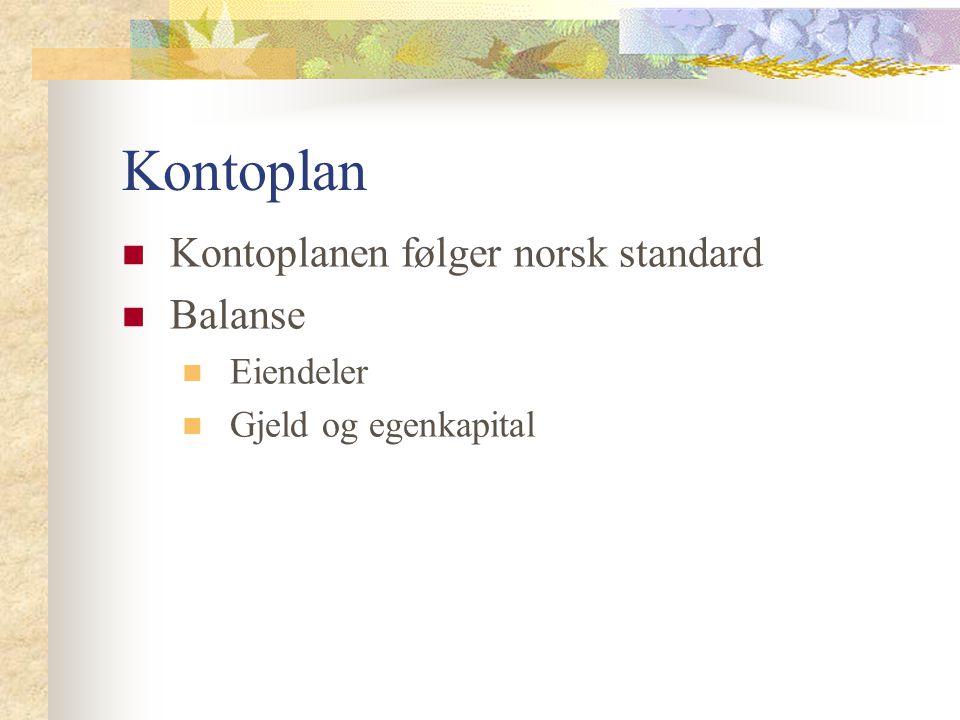 Kontoplan Kontoplanen følger norsk standard Balanse Eiendeler