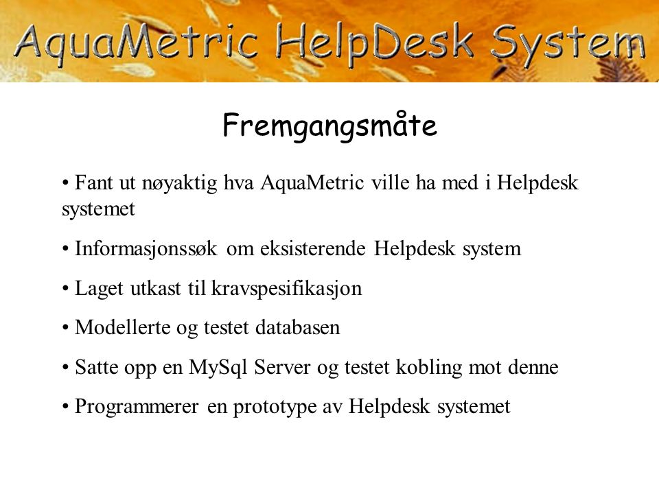 Fremgangsmåte Fant ut nøyaktig hva AquaMetric ville ha med i Helpdesk systemet. Informasjonssøk om eksisterende Helpdesk system.