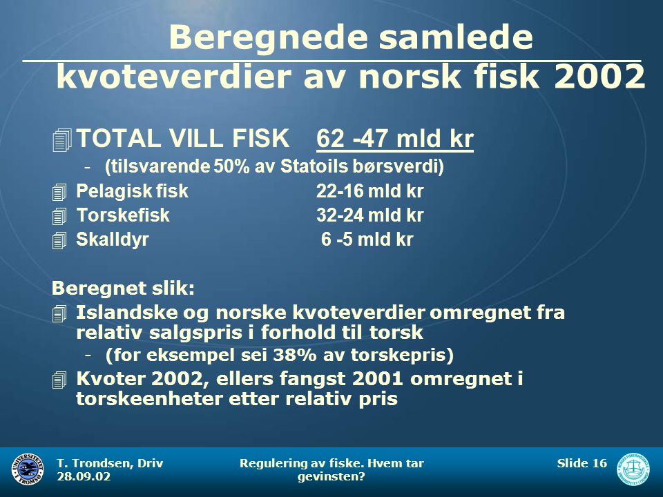 Beregnede samlede kvoteverdier av norsk fisk 2002
