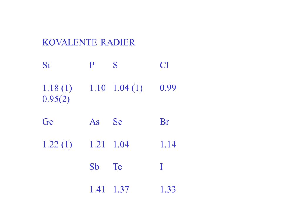 KOVALENTE RADIER Si P S Cl (1) (1) (2) Ge As Se Br (1)