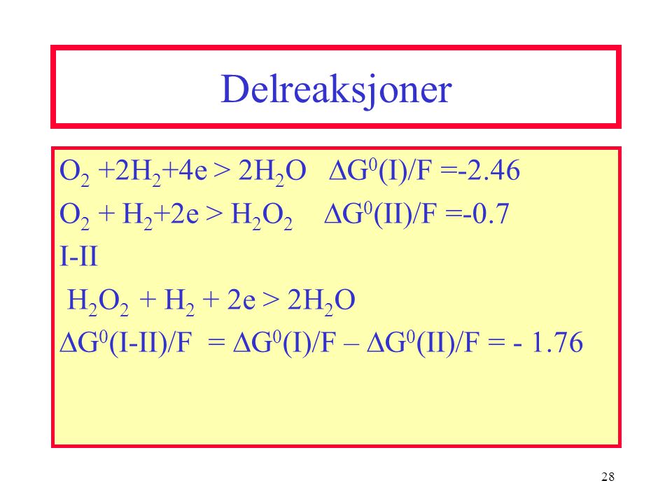 Delreaksjoner O2 +2H2+4e > 2H2O DG0(I)/F =-2.46