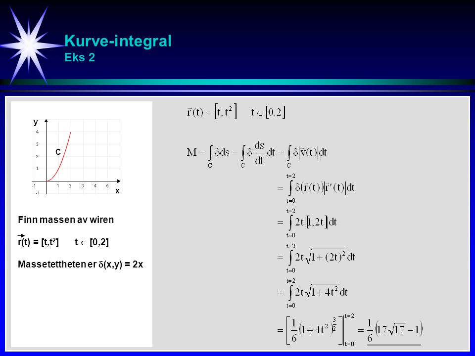 Kurve-integral Eks 2 Finn massen av wiren r(t) = [t,t2] t  [0,2]