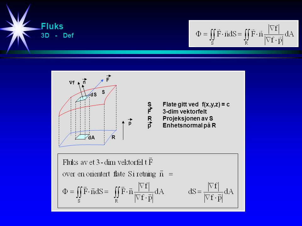 Fluks 3D - Def S Flate gitt ved f(x,y,z) = c F 3-dim vektorfelt