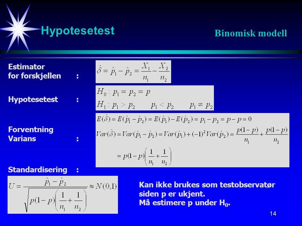 Hypotesetest Binomisk modell Estimator for forskjellen :