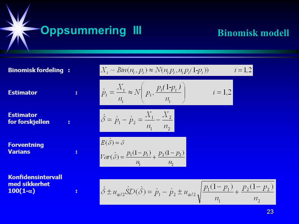 Oppsummering III Binomisk modell Binomisk fordeling : Estimator :