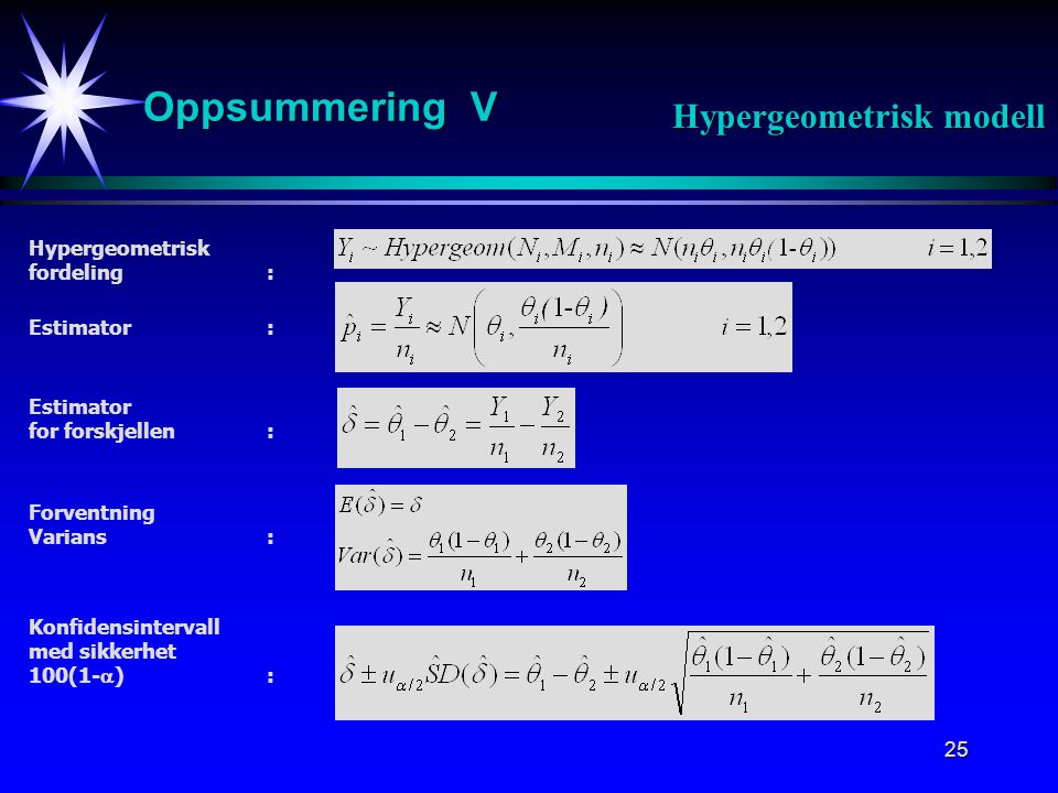 Oppsummering V Hypergeometrisk modell Hypergeometrisk fordeling :
