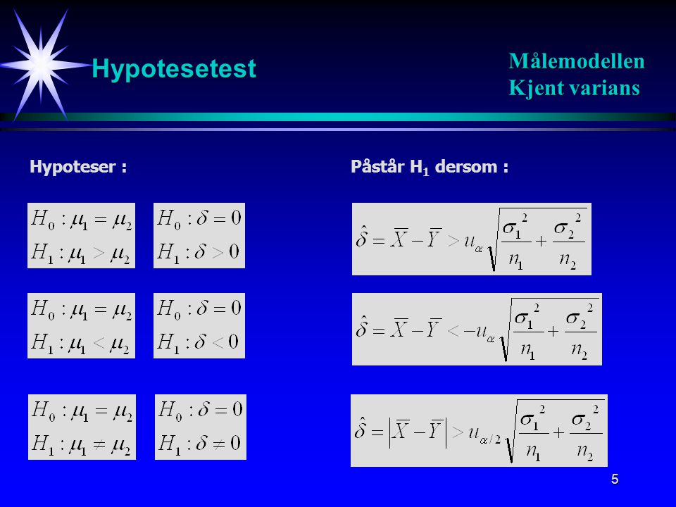 Hypotesetest Målemodellen Kjent varians Hypoteser : Påstår H1 dersom :