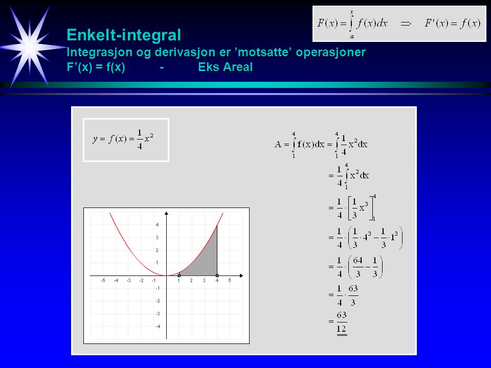 Enkelt-integral Integrasjon og derivasjon er ’motsatte’ operasjoner F’(x) = f(x) - Eks Areal