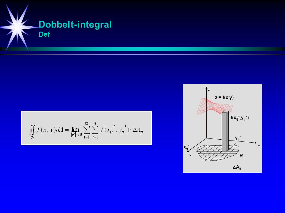 Dobbelt-integral Def z = f(x,y) f(xij*,yij*) yij* xij* R Aij
