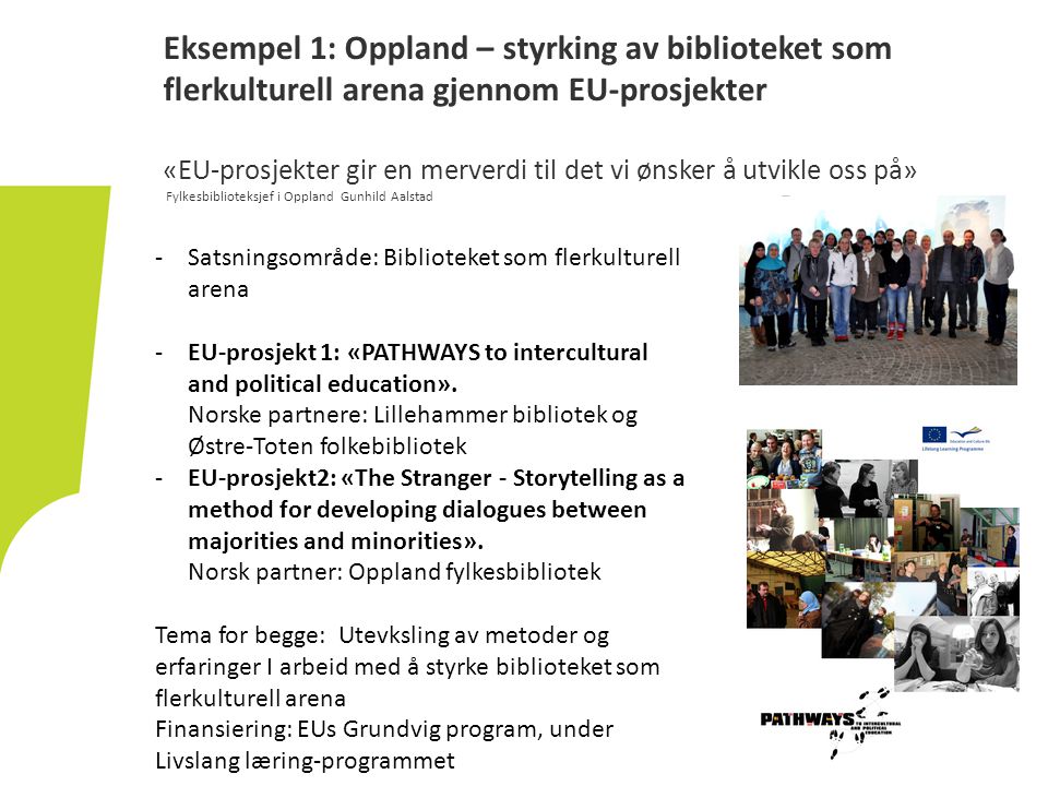Eksempel 1: Oppland – styrking av biblioteket som flerkulturell arena gjennom EU-prosjekter «EU-prosjekter gir en merverdi til det vi ønsker å utvikle oss på» Fylkesbiblioteksjef i Oppland Gunhild Aalstad