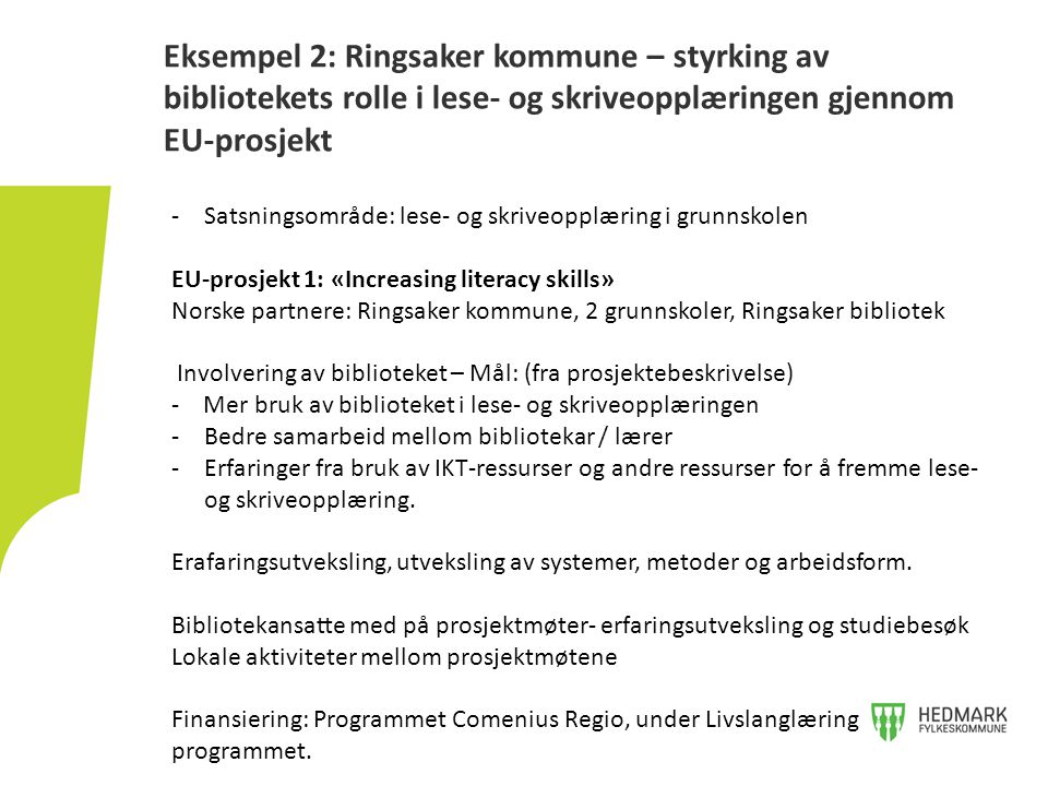 Eksempel 2: Ringsaker kommune – styrking av bibliotekets rolle i lese- og skriveopplæringen gjennom EU-prosjekt