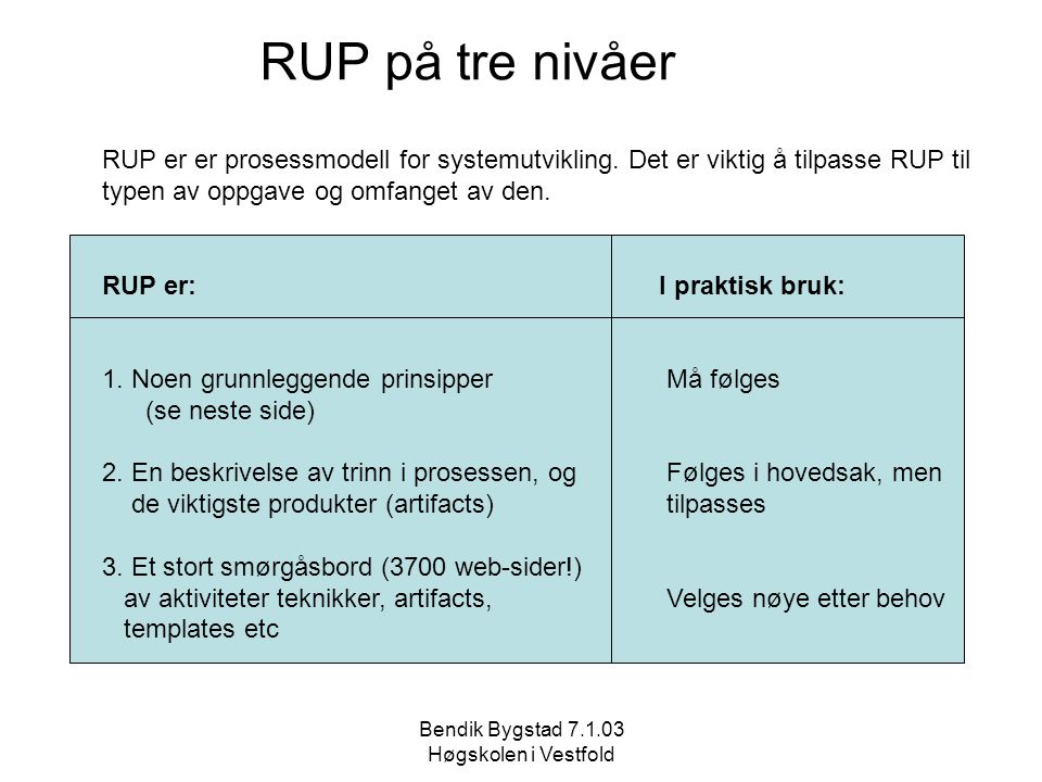 RUP på tre nivåer RUP er er prosessmodell for systemutvikling. Det er viktig å tilpasse RUP til. typen av oppgave og omfanget av den.
