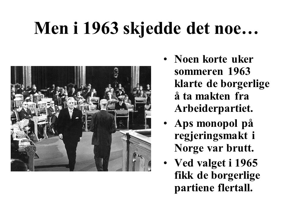 Men i 1963 skjedde det noe… Noen korte uker sommeren 1963 klarte de borgerlige å ta makten fra Arbeiderpartiet.