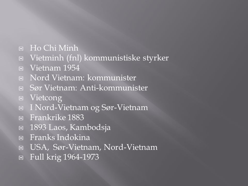 Ho Chi Minh Vietminh (fnl) kommunistiske styrker. Vietnam Nord Vietnam: kommunister. Sør Vietnam: Anti-kommunister.