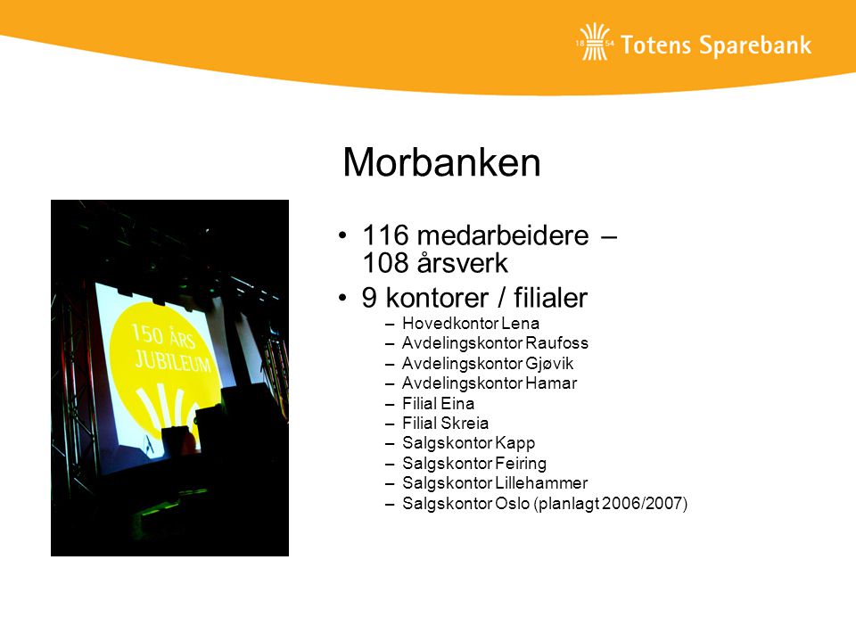 Morbanken 116 medarbeidere – 108 årsverk 9 kontorer / filialer