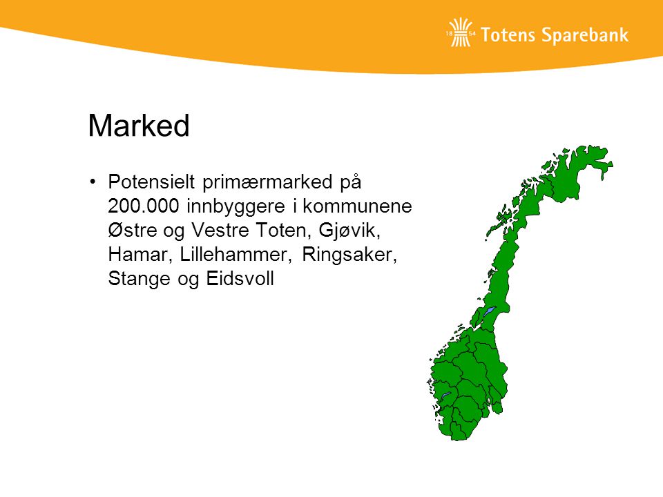 Marked Potensielt primærmarked på innbyggere i kommunene Østre og Vestre Toten, Gjøvik, Hamar, Lillehammer, Ringsaker, Stange og Eidsvoll.