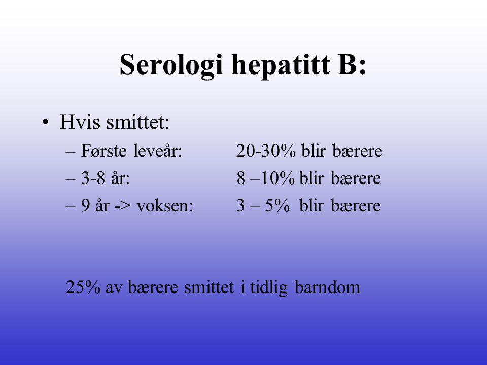 Serologi hepatitt B: Hvis smittet: Første leveår: 20-30% blir bærere