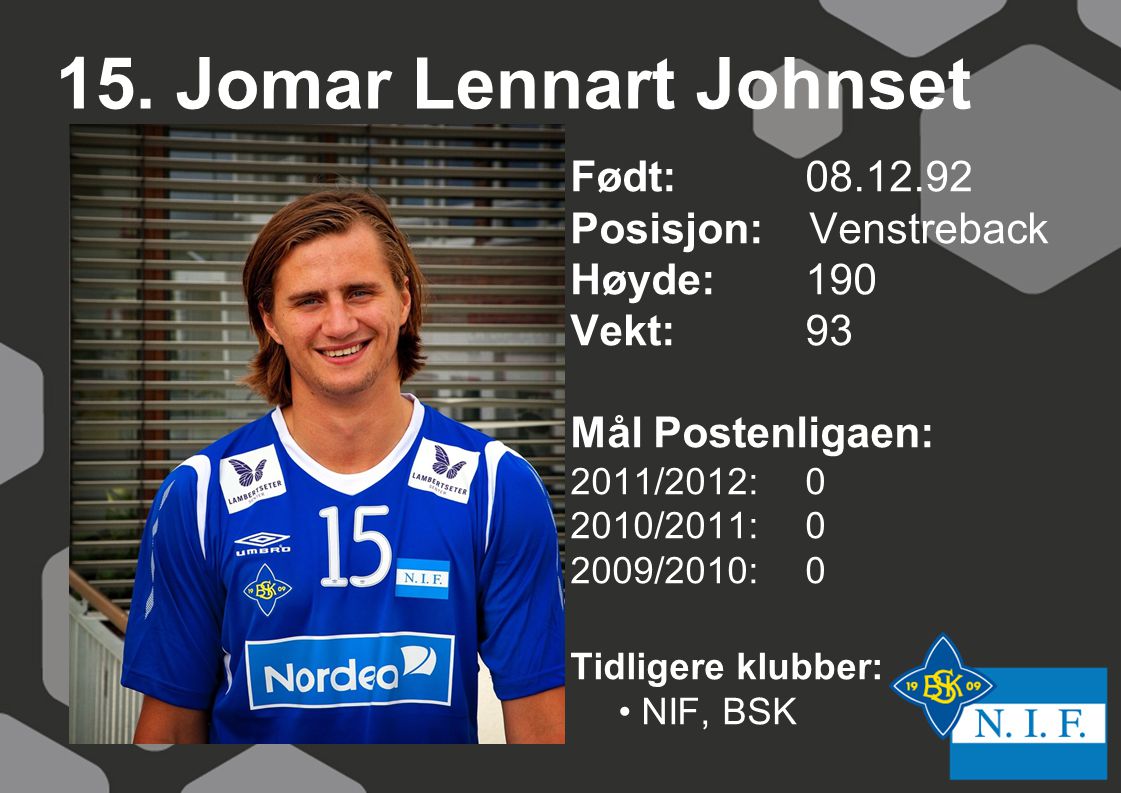 15. Jomar Lennart Johnset Født: Posisjon: Venstreback