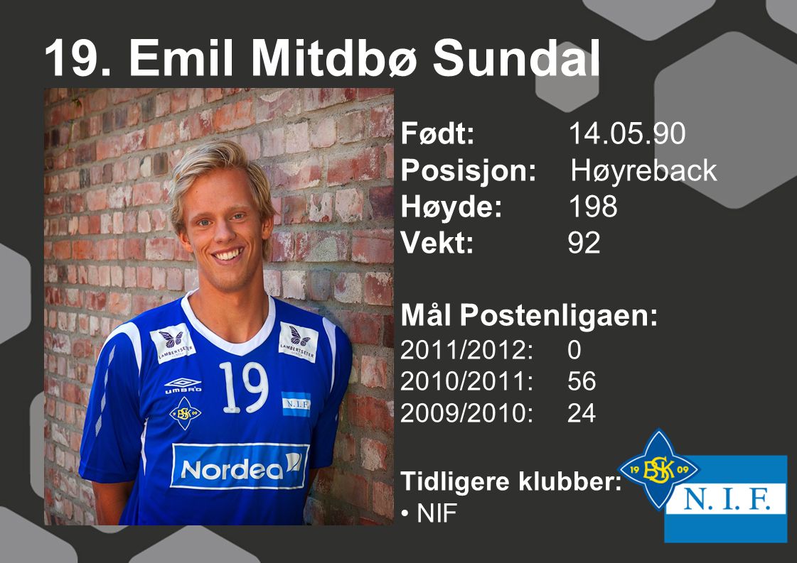 19. Emil Mitdbø Sundal Født: Posisjon: Høyreback Høyde: 198