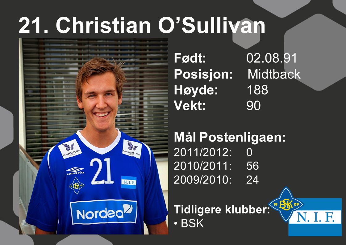 21. Christian O’Sullivan Født: Posisjon: Midtback Høyde: 188