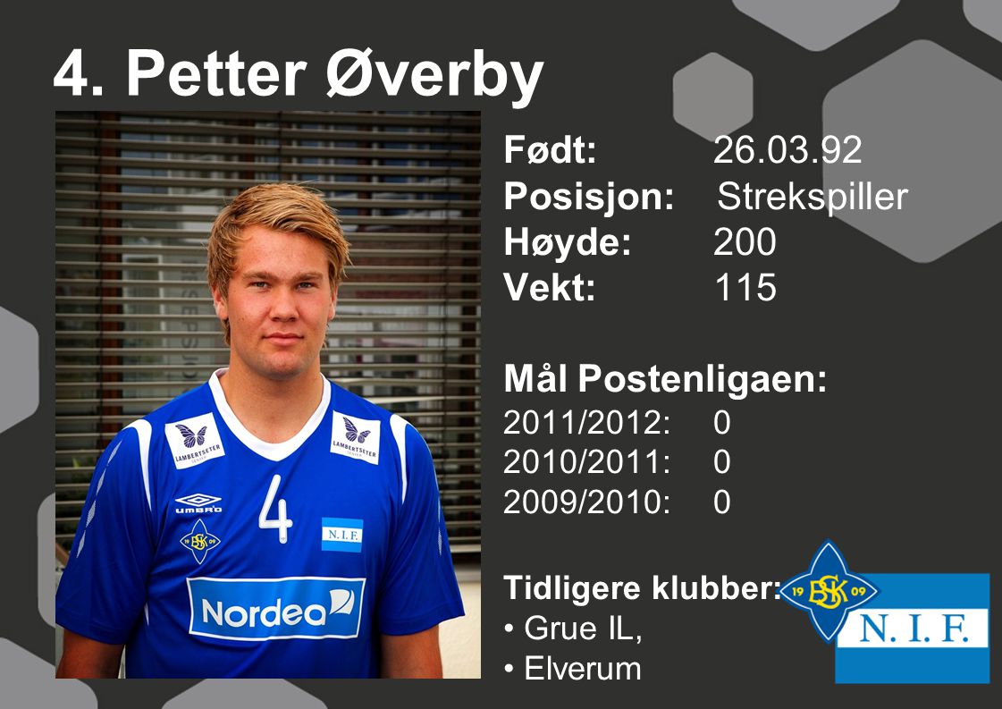 4. Petter Øverby Født: Posisjon: Strekspiller Høyde: 200