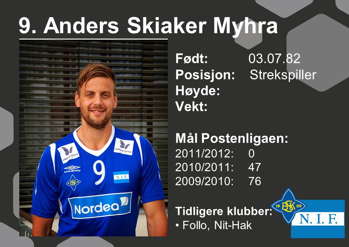 9. Anders Skiaker Myhra Født: Posisjon: Strekspiller Høyde:
