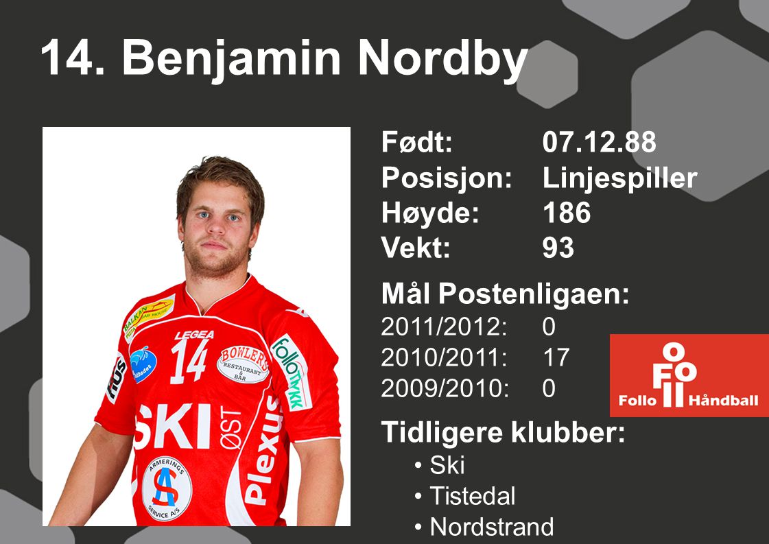 14. Benjamin Nordby Født: Posisjon: Linjespiller Høyde: 186