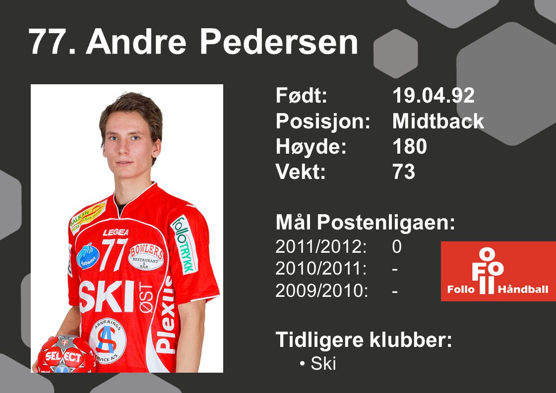 77. Andre Pedersen Født: Posisjon: Midtback Høyde: 180