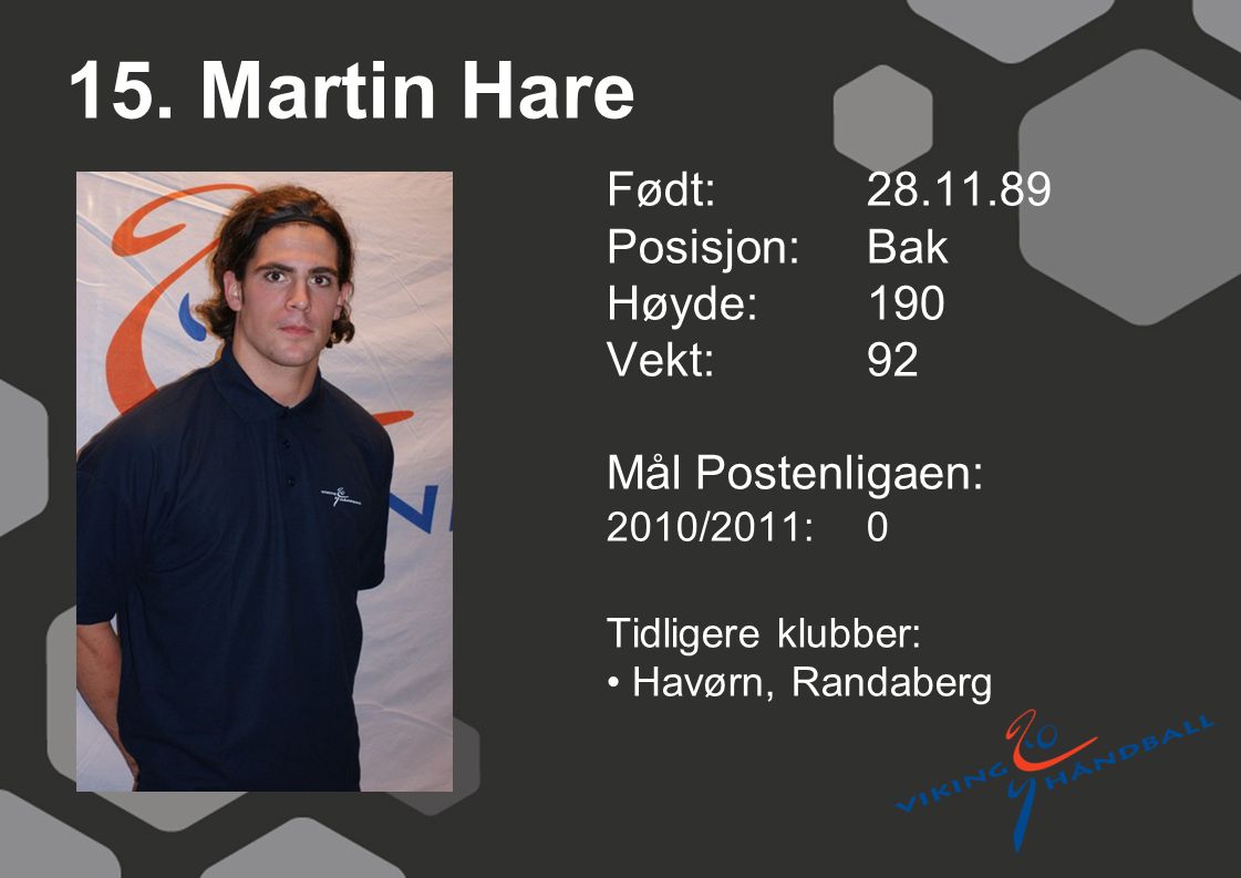 15. Martin Hare Født: Posisjon: Bak Høyde: 190 Vekt: 92