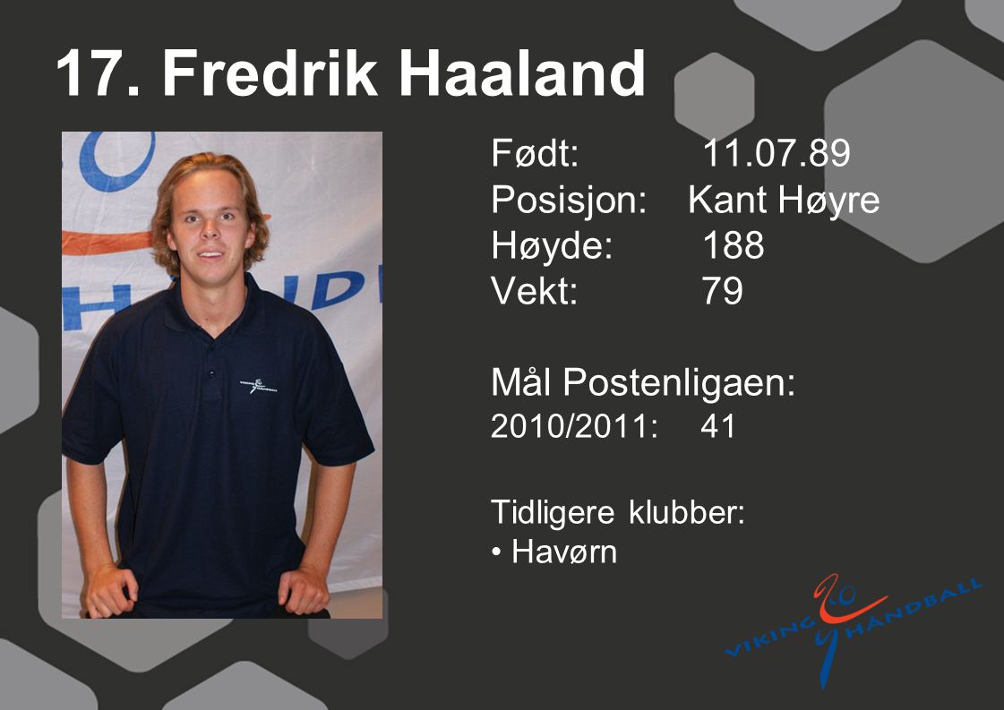 17. Fredrik Haaland Født: Posisjon: Kant Høyre Høyde: 188