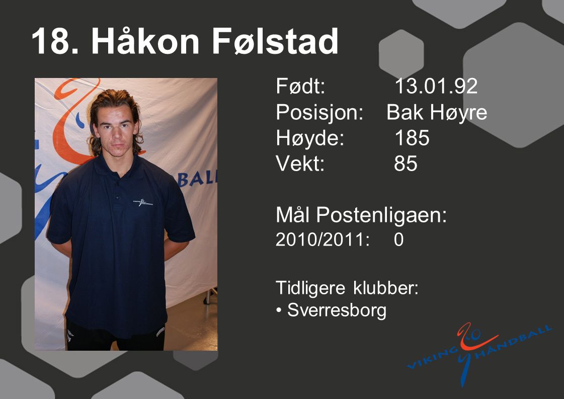 18. Håkon Følstad Født: Posisjon: Bak Høyre Høyde: 185