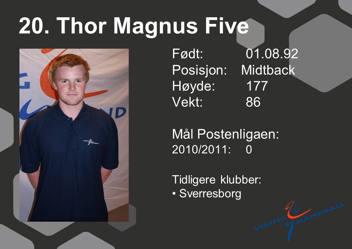 20. Thor Magnus Five Født: Posisjon: Midtback Høyde: 177