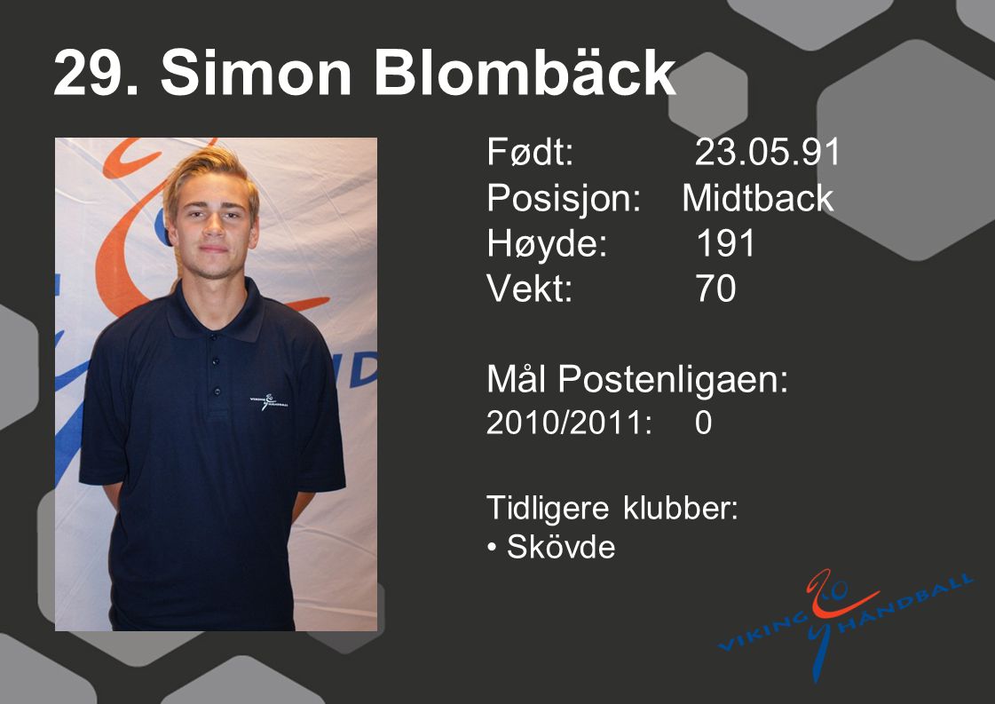 29. Simon Blombäck Født: Posisjon: Midtback Høyde: 191