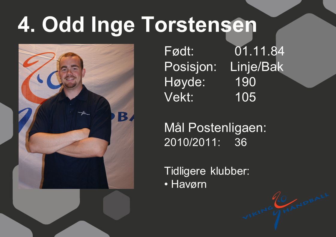 4. Odd Inge Torstensen Født: Posisjon: Linje/Bak Høyde: 190