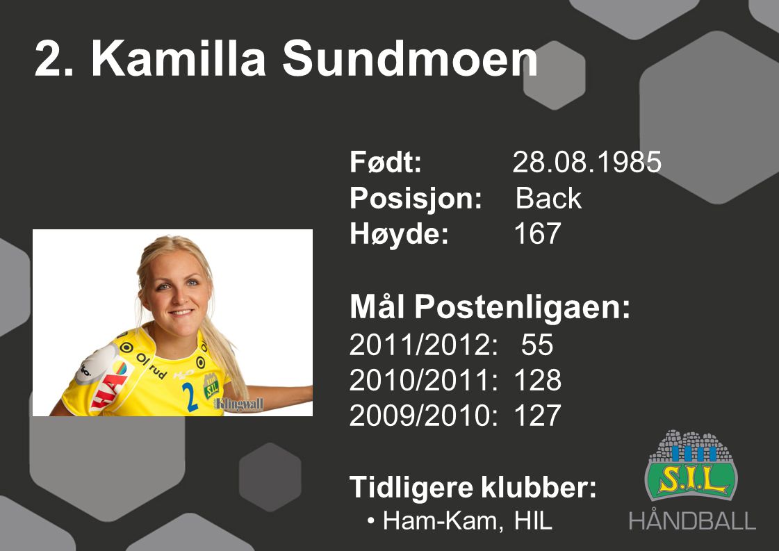 2. Kamilla Sundmoen Mål Postenligaen: Født: Posisjon: Back