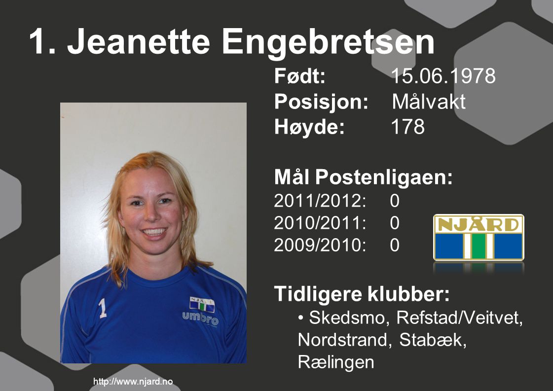 1. Jeanette Engebretsen Født: Posisjon: Målvakt Høyde: 178