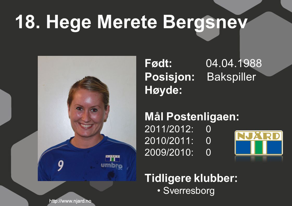 18. Hege Merete Bergsnev Født: Posisjon: Bakspiller Høyde: