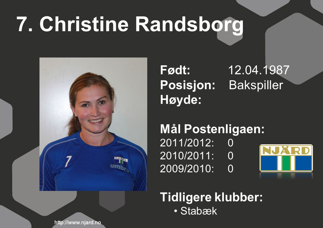 7. Christine Randsborg Født: Posisjon: Bakspiller Høyde: