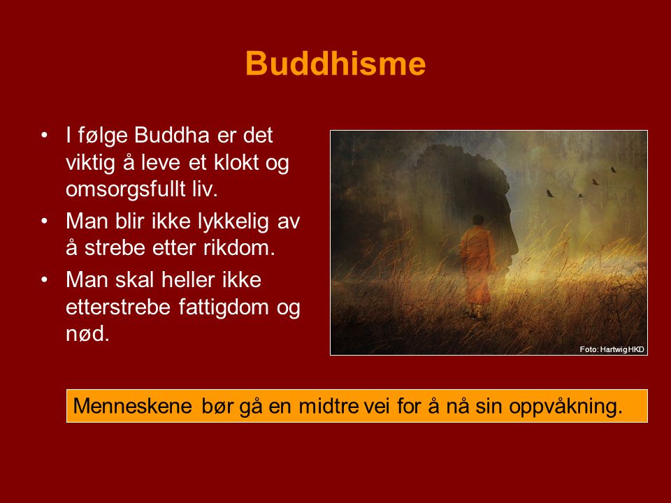 Buddhisme I følge Buddha er det viktig å leve et klokt og omsorgsfullt liv. Man blir ikke lykkelig av å strebe etter rikdom.