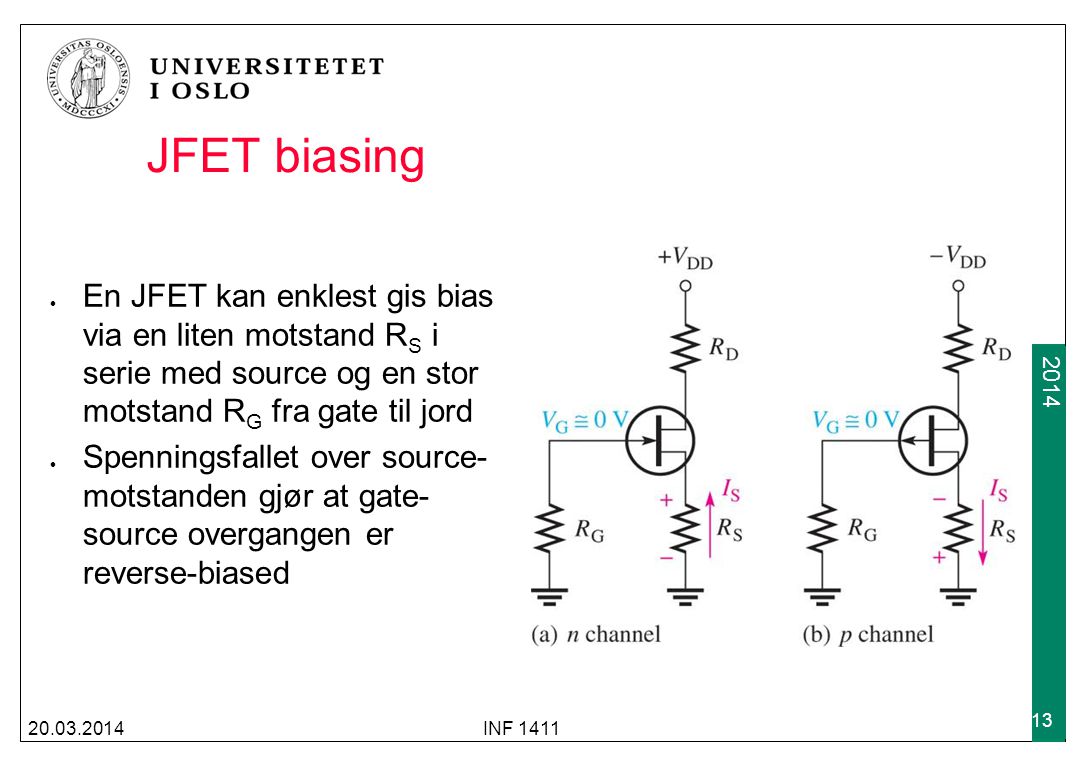 JFET biasing En JFET kan enklest gis bias via en liten motstand RS i serie med source og en stor motstand RG fra gate til jord.
